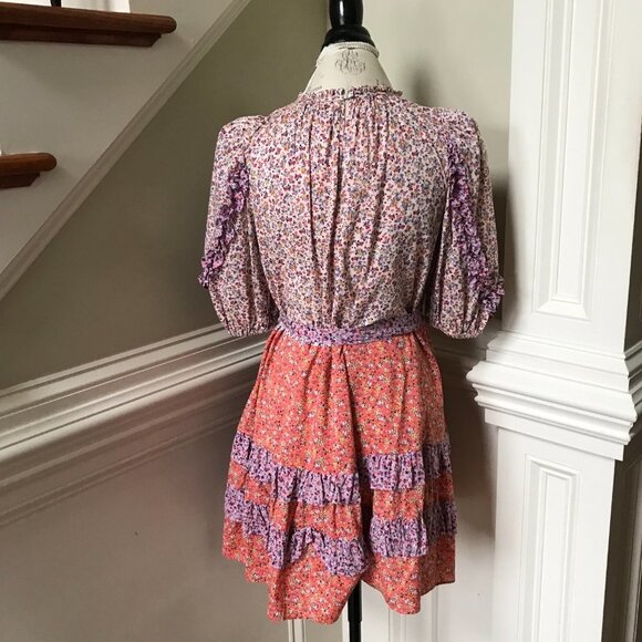 Ann Taylor Floral Fit & Flare Dress Womens 6 Orange Purple Crew Neck Mini Ruffle - Picture 12 of 13